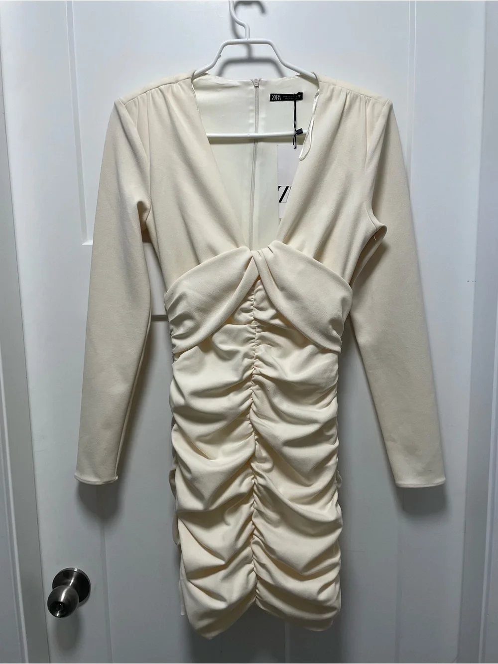 Zara White Ruched Twist-Front Long-Sleeve Mini Dress - Picture 1 of 5